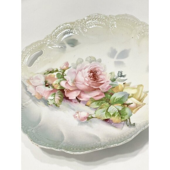 Vintage Leuchtenburg Germany PINK ROSES Cake Plate 9.25” Chic Cottagecore Handle - Picture 2 of 8